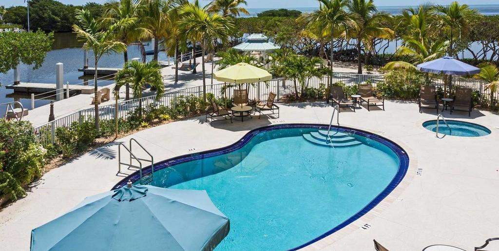 Dove Creek Resort & Marina pool deck at dusk, cream loungers and fringed umbrellas beside the illuminated mb monogram wall
