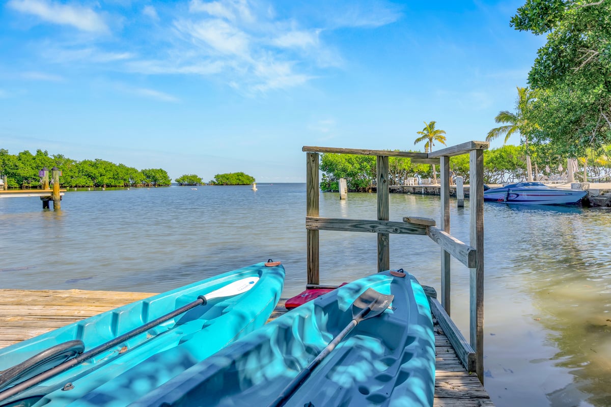 Kayaks and paddle craft ready at the Dove Creek dock