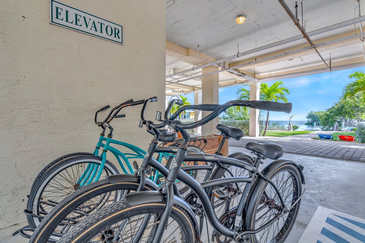 Guest bicycles lined up and ready to ride at Dove Creek Resort & Marina
