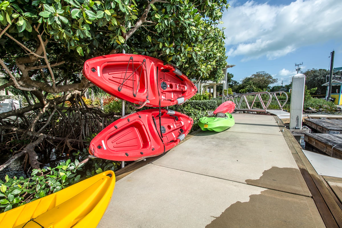 Bright kayaks stacked on the waterfront rack at Dove Creek, ready to take out