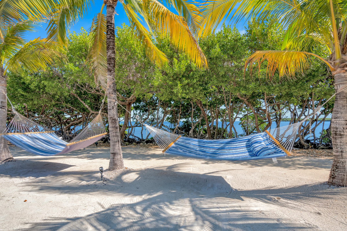 Two hammocks strung between palm trees on the sand at Dove Creek Resort & Marina